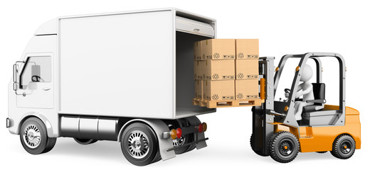 3D white people. Worker loading a truck with a forklift © Texelart
