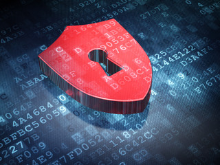 Privacy concept: Red Shield With Keyhole on digital background
