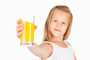 Beautiful girl with orange juice, on a gray background