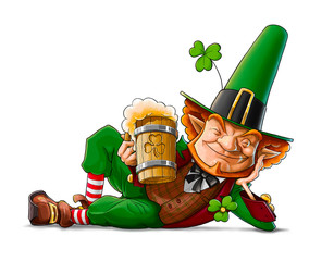 elf leprechaun with beer for saint patrick's day illustration - obrazy, fototapety, plakaty