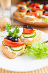 canape with olives, cucumbers and cheese