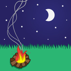 Small campfire scene with moon and stars