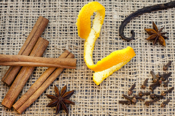 Aroma spices cinnamon anise vanilla and cloves on jute