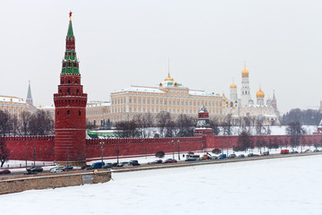 panorama of Kremlin wall and tower in winter