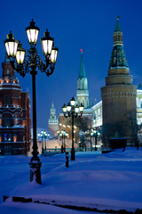 Kremlin towers in winter snowing night
