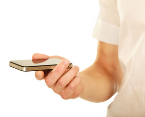 Mobile phone on hand, isolated on white background