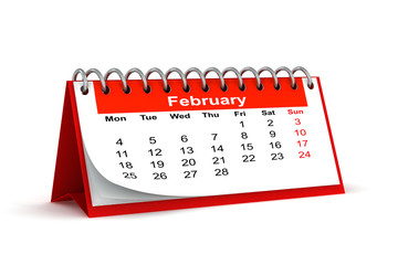 3d red desk paper 2013 year calendar - february month