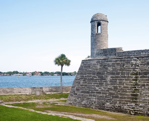 Tower and walls of an old fort in St. Augustine, Florida.