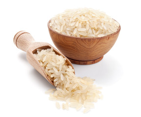 parboiled rice in a wooden bowl isolated on white - 48873740