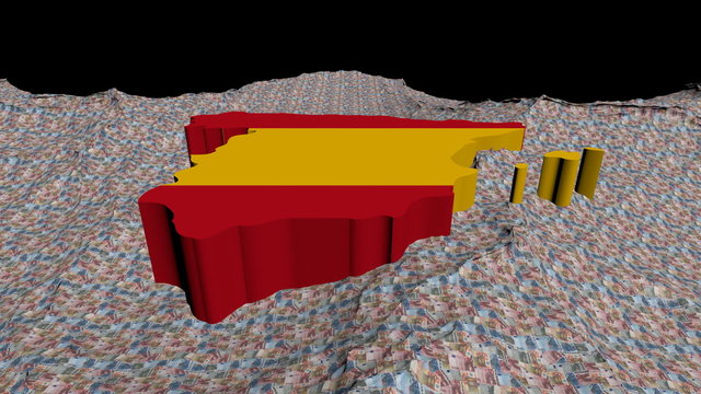 Spain map flag in abstract ocean of euros animation