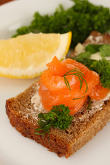 Salmon sandwich on plate, close up