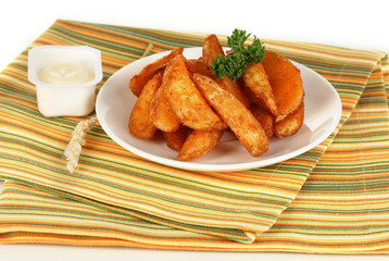 Appetizing village potatoes on plate isolated on white