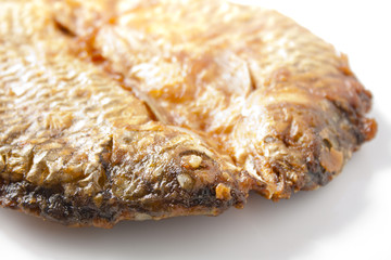 closeup Dried fish fried with  Flour on white.