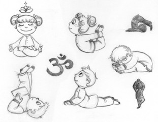 Children practicing yoga positions. Hand drawn illustration.