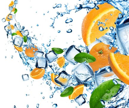Oranges in water splash with ice cubes