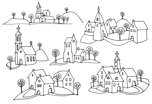 Hand drawn houses or rural landscape, color version