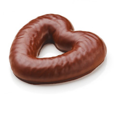 Gingerbread heart shaped, cookie covered with milk chocolate.
