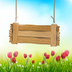 Naklejka premium Spring background with tulips and wooden sign