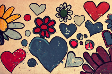 Love symbol, shapes of heart painted on a wall