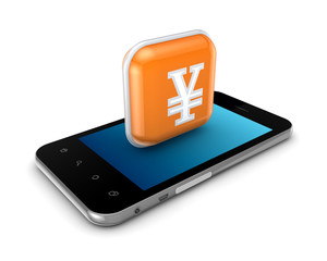 Mobile phone and icon with yen symbol.