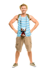 Happy tourist holding retro camera isolated on white