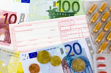 Rotes Arztrezept, Pillen und Euro-Geld