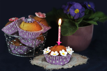 Delicious cupcakes with candle and flowers decoration 
