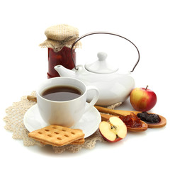 light breakfast with tea and homemade jam, isolated on white