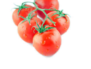cherry tomatoes on a branch with drops isolated on white