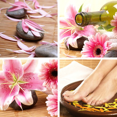 A collage of spa images with female feet, flowers and stones