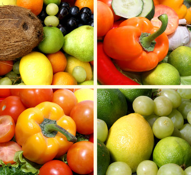 A collage of images with fresh fruits and vegetables