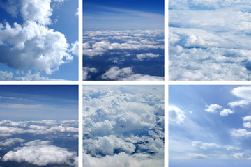 A collage of aerial images with blue sky and white clouds