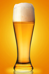 glass of beer with froth over yellow background