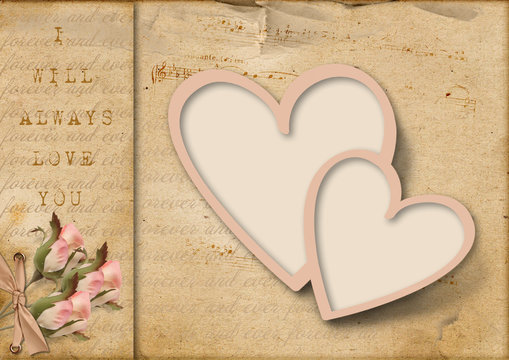 Vintage love card with two hearts and pink flowers