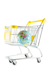 Globe model in shopping cart on white background