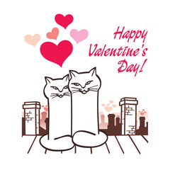 Cat lovers on the roof, sitting next, card, vector