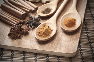Herbs and Spices over wooden background