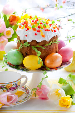 Easter cake and colourful eggs
