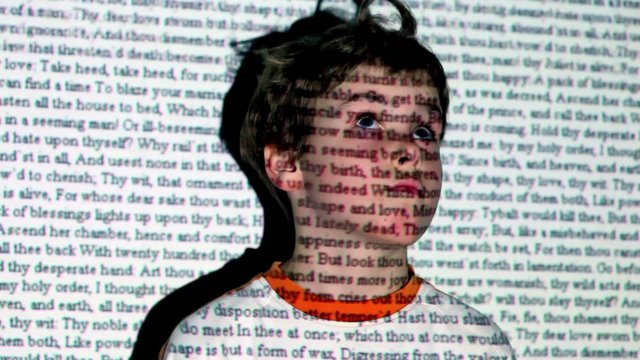 W. Shakespeare, Romeo and Juliet text motion projection on boy