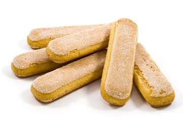 Italian savoiardi cookies over white, ladyfingers
