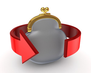 Obraz premium Red arrow around grey purse.