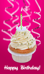 Birthday cupcake with candle - obrazy, fototapety, plakaty
