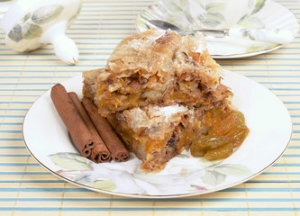 Pumpkin strudel with walnuts, a cup of tea