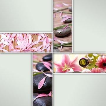 A collage of spa images with petals, stones and a bottle