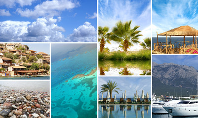 A resort collage of beautiful nature images with sky and palms