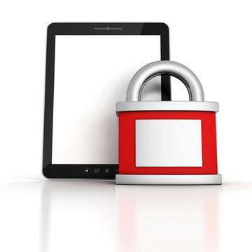 secure Tablet PC with red locked padlock
