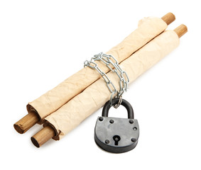 Old scroll with chain, isolated on white