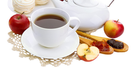 Obraz na płótnie Canvas light breakfast with tea and homemade jam, isolated on white