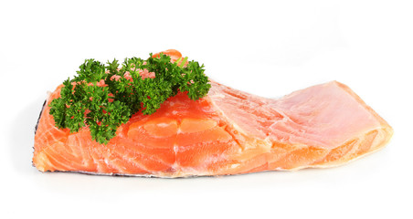 Fresh salmon fillet with parsley, isolated on white
