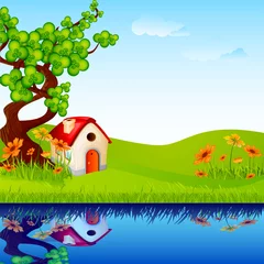 Fototapeten Vektorillustration des Hauses unter Baum in der Naturlandschaft © stockshoppe